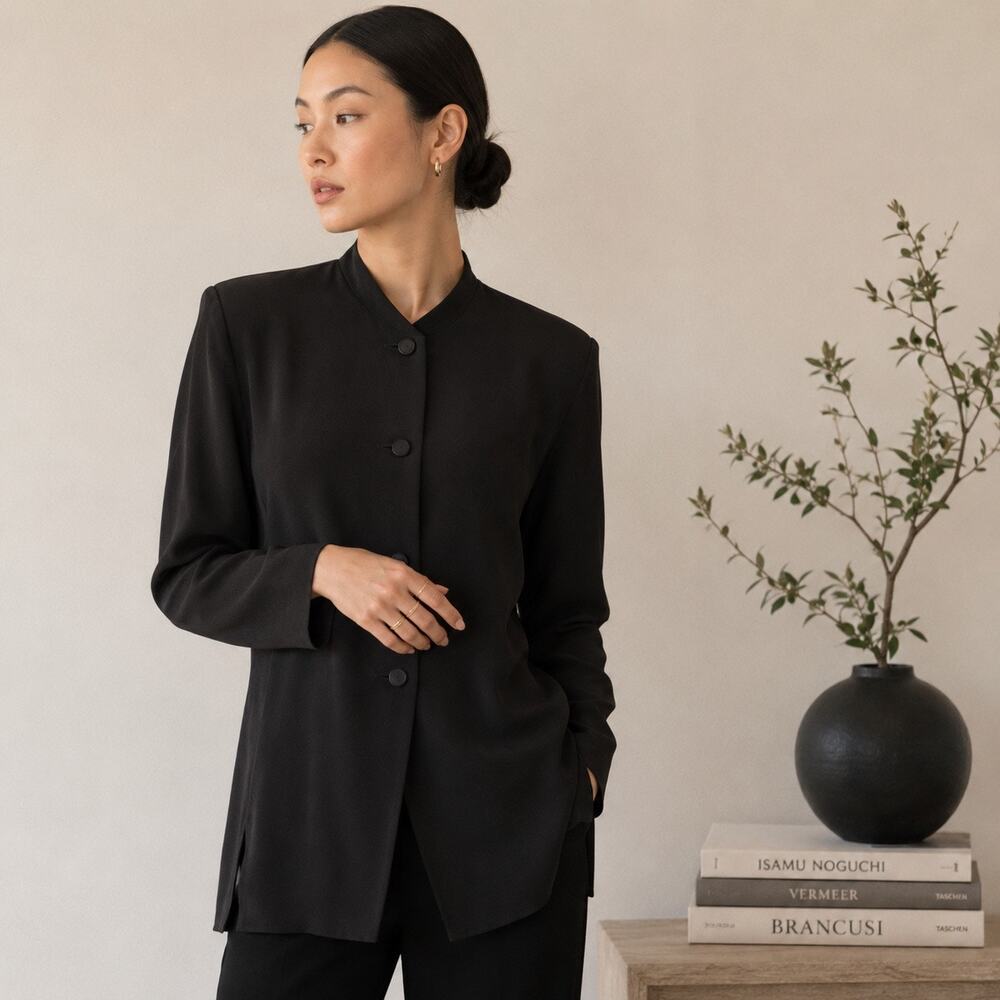 Galinda Wang New York Black Silk Tunic Jacket Minimalist Button Front  Size 10